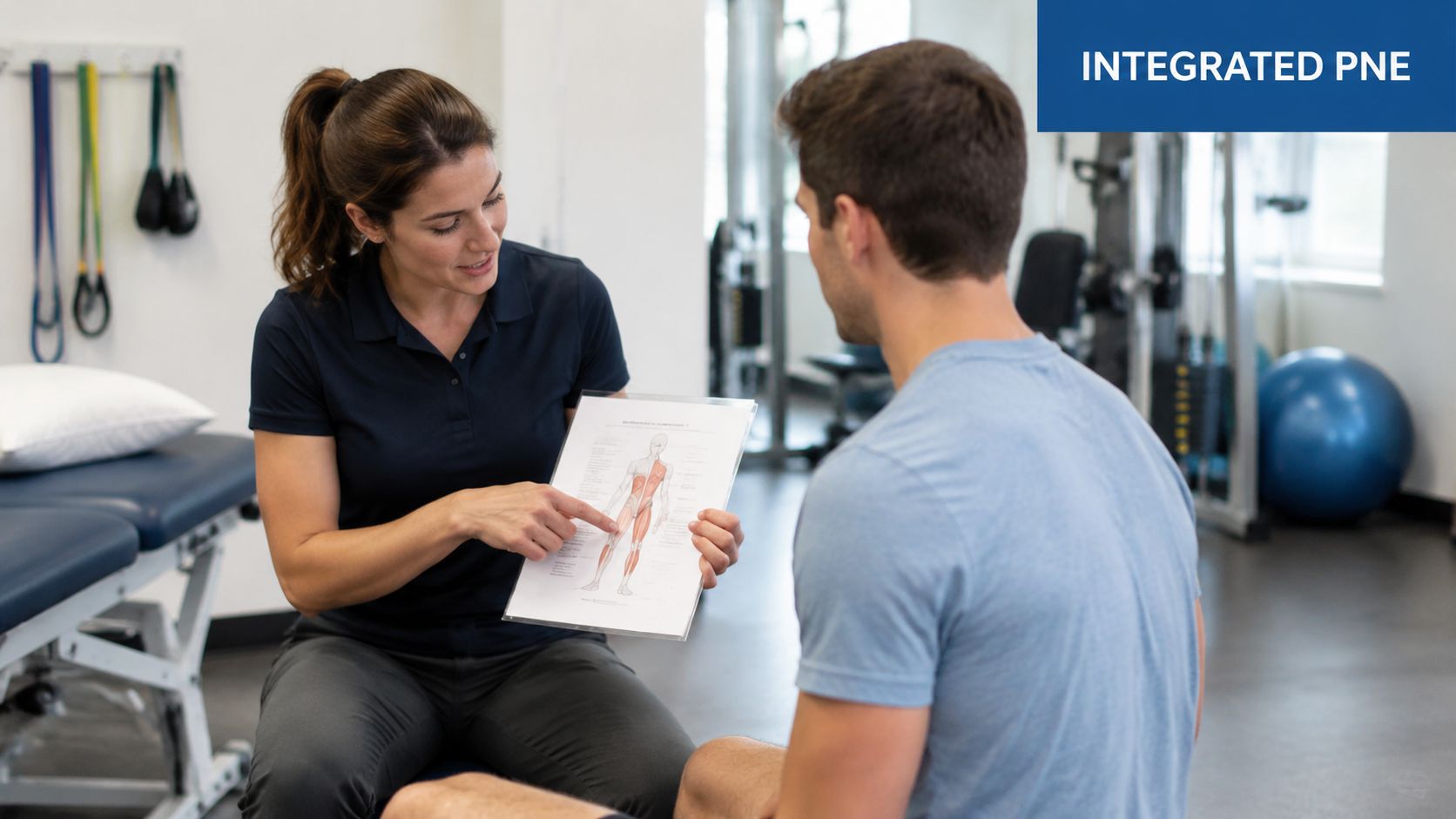 A physical therapist explaining a muscle anatomy diagram to a male patient during a clinical session.