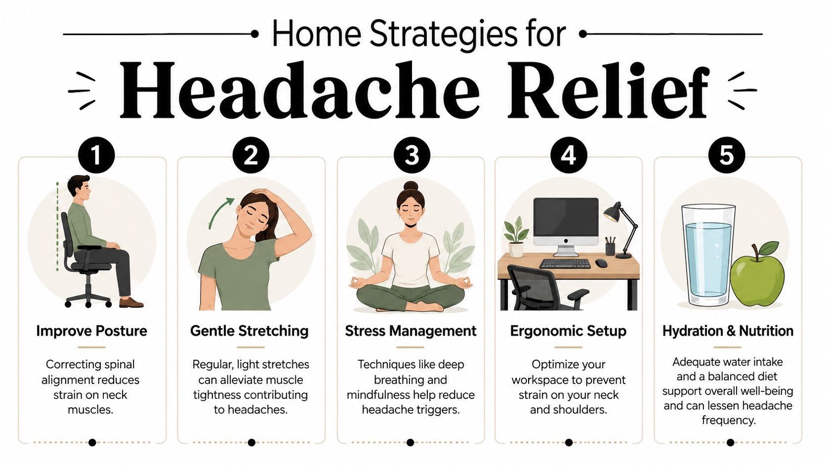 A five-step infographic providing home strategies for headache relief, including posture, stretching, stress management, ergonomics, and nutrition.