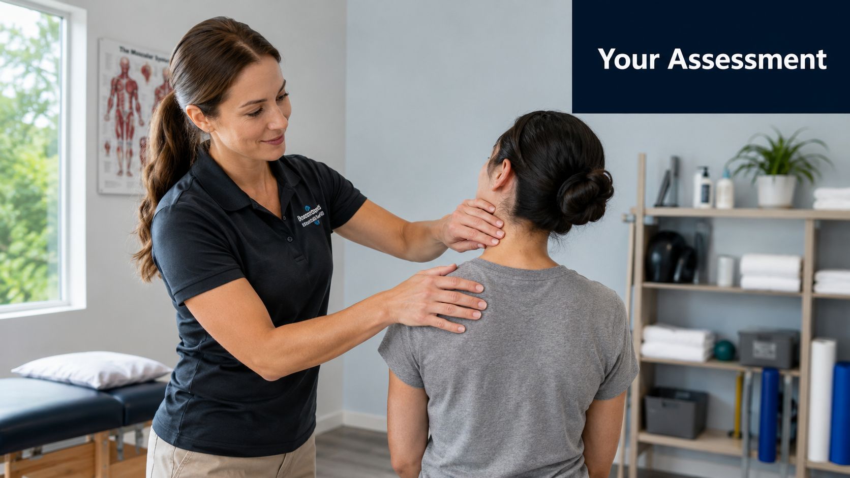 A female physical therapist examines the neck and shoulder area of a patient in a clinic.