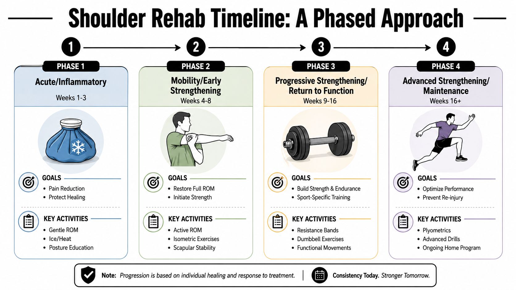 A four-phase shoulder rehabilitation timeline infographic outlining goals and activities from injury to advanced functional maintenance.