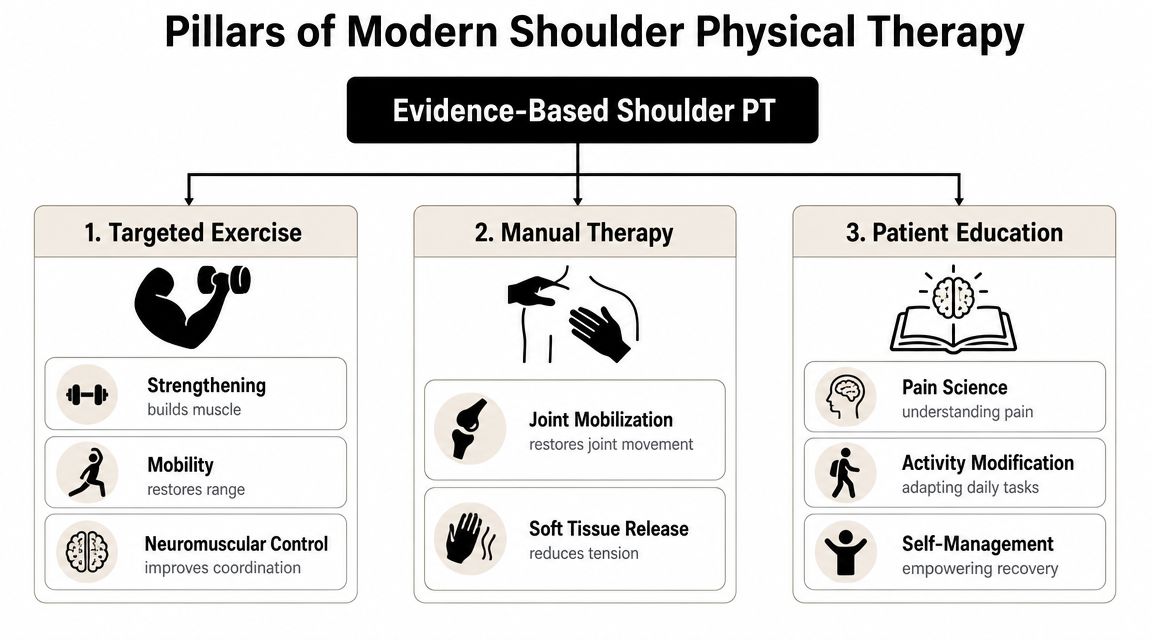 An infographic showing the three main pillars of modern shoulder physical therapy: targeted exercise, manual therapy, and education.