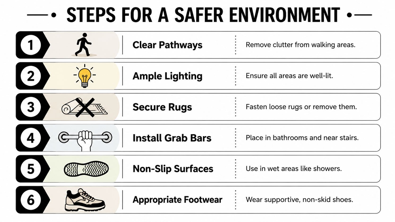 A list of six steps to create a safer home environment, including tips like lighting and grab bars.