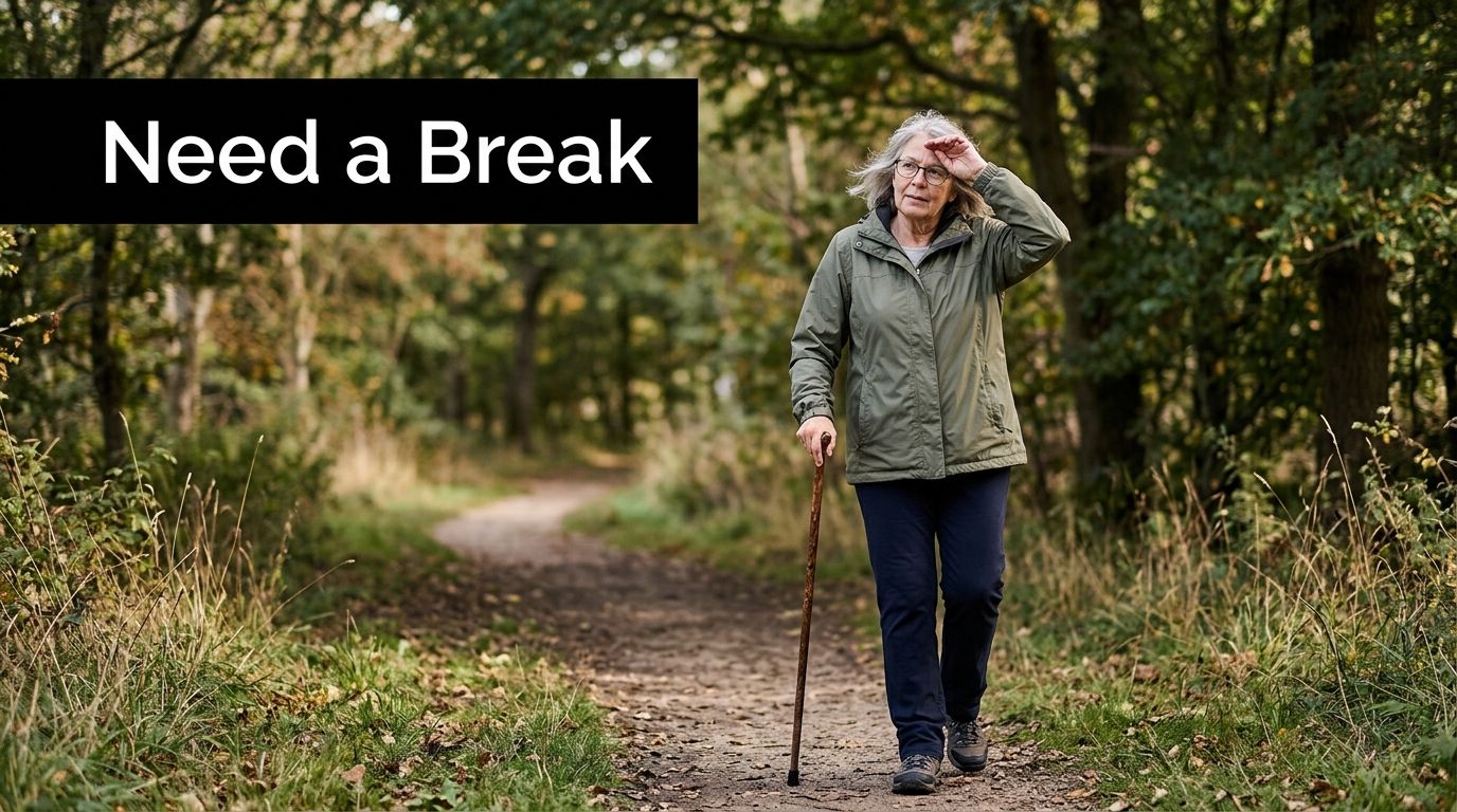 An elderly woman with a walking stick pauses on a forest path while looking ahead.
