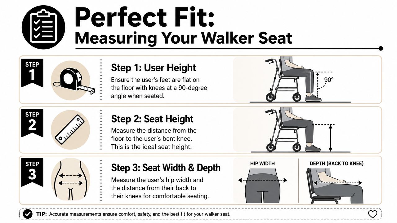 An infographic illustrating three steps to measure a person for the correct walker seat fit.