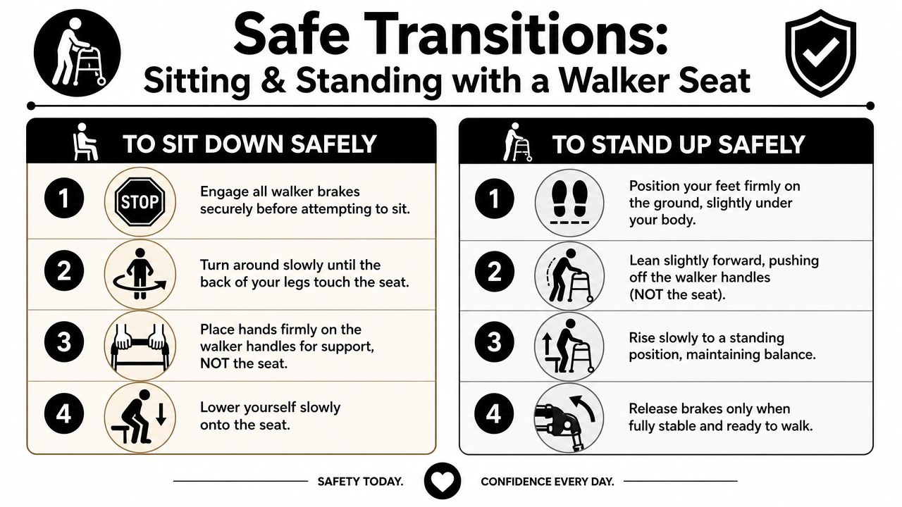 An instructional infographic detailing the safe steps for sitting down and standing up while using a walker.