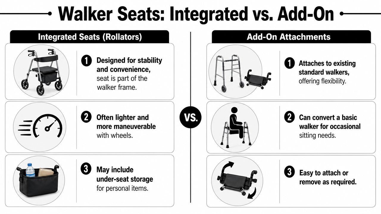 A comparison infographic showing the differences between integrated seats on rollators and add-on seats for walkers.
