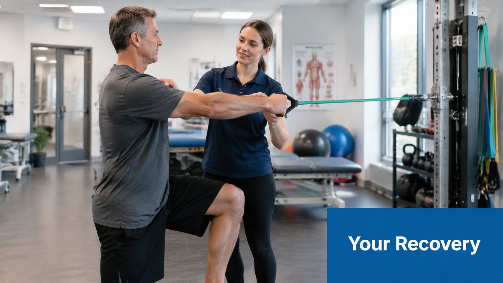A physical therapist guiding a male patient through resistance band exercise in a rehabilitation clinic.