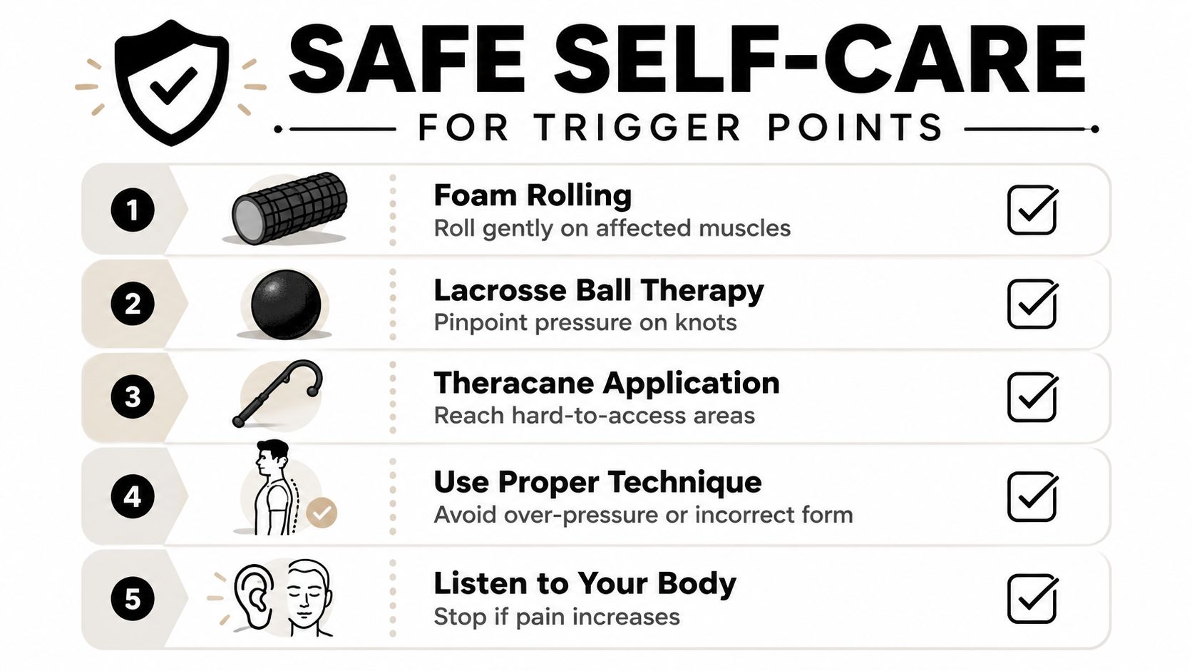 An infographic titled Safe Self-Care for Trigger Points, listing five numbered safety tips with corresponding icons.