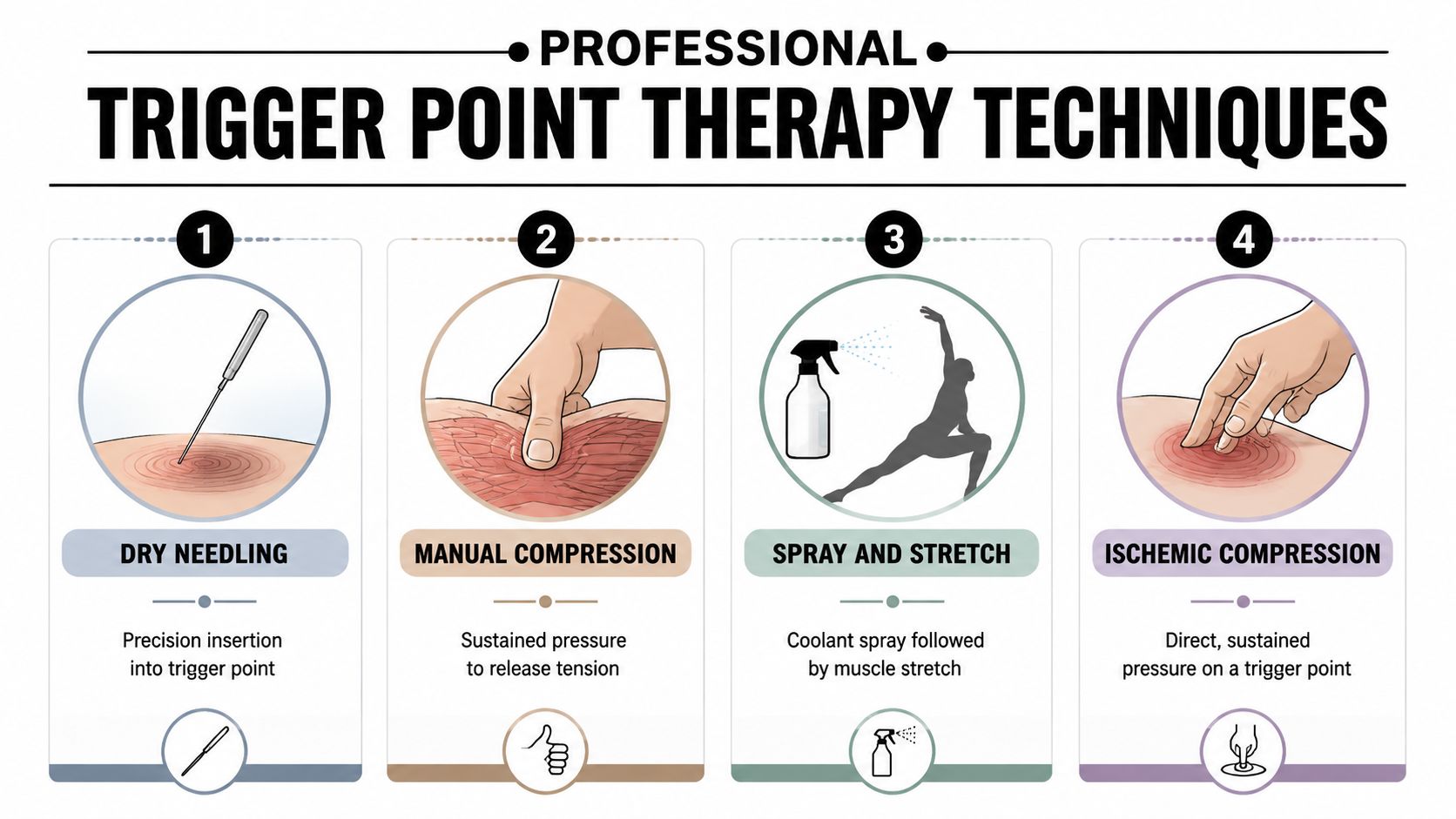 A professional infographic illustrating four common trigger point therapy techniques, including dry needling and ischemic compression.