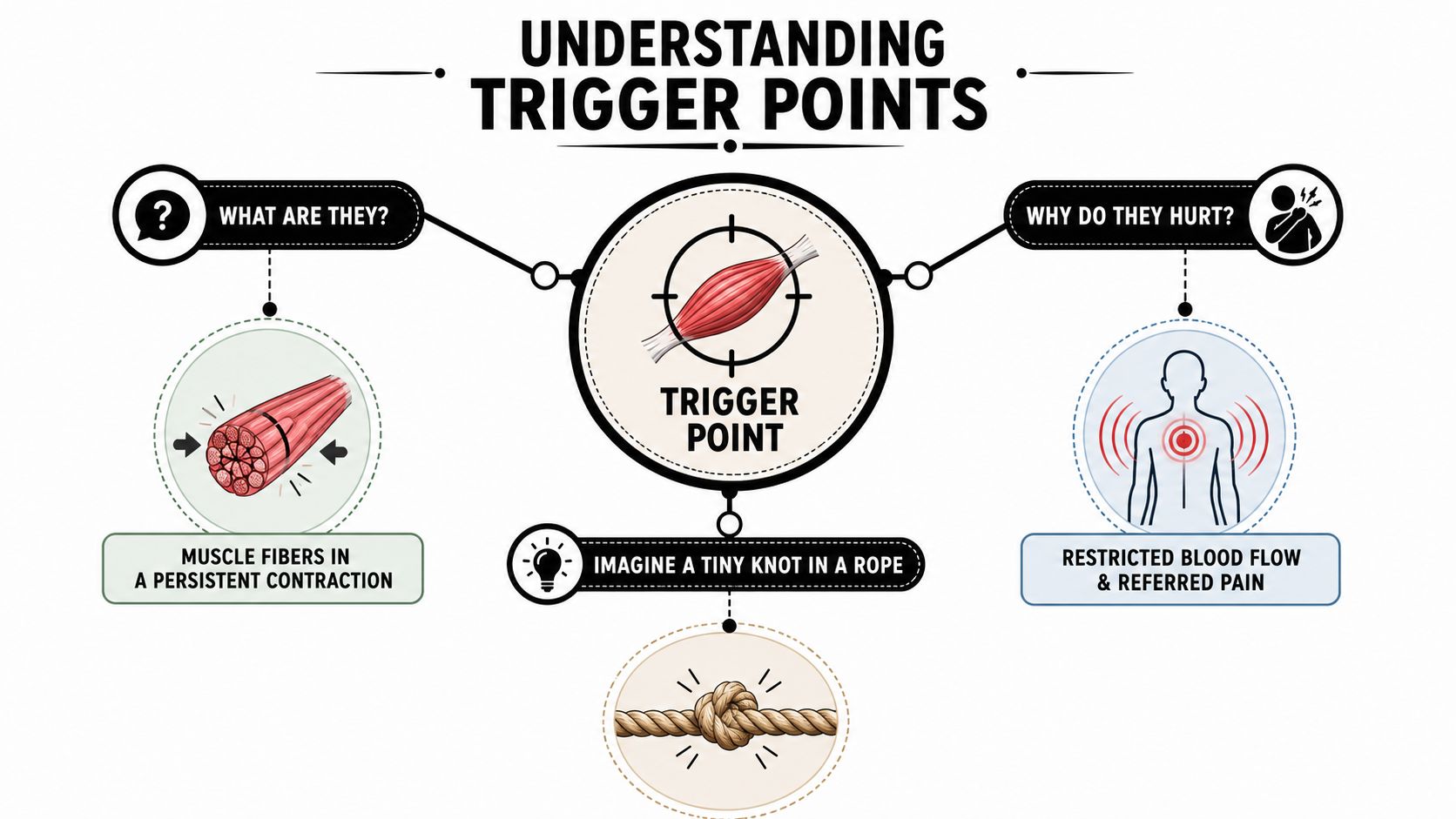 An infographic titled Understanding Trigger Points, explaining muscle contraction and referred pain using diagrams of muscle fibers and a knotted rope.