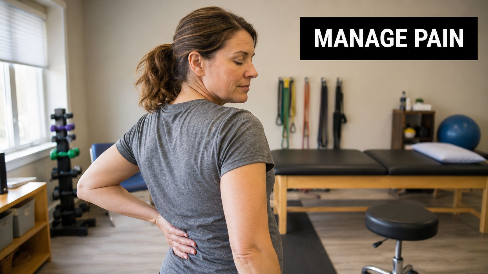 A woman in a clinic touching her lower back while experiencing pain during a physical therapy session.