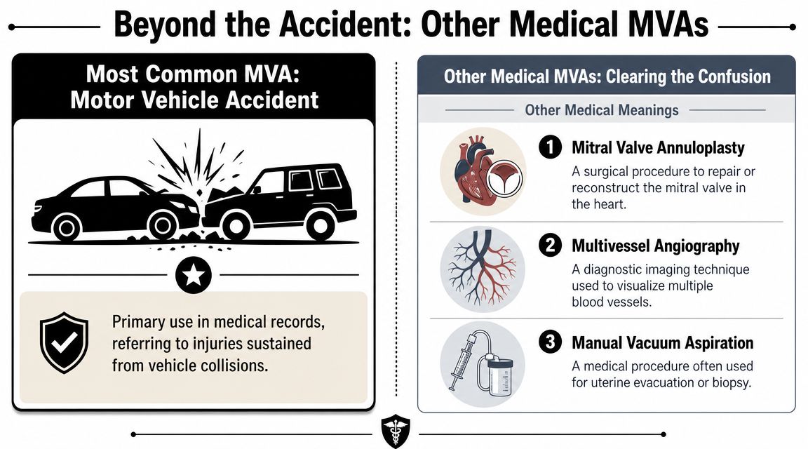 An infographic showing that the acronym MVA can refer to a motor vehicle accident or various medical procedures.