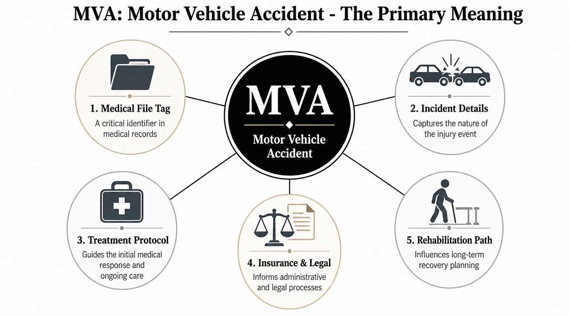 A diagram explaining the acronym MVA, which stands for Motor Vehicle Accident, in a medical context.