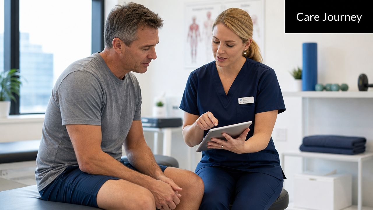 A female physical therapist consulting with a male patient using a tablet in a clinical office.