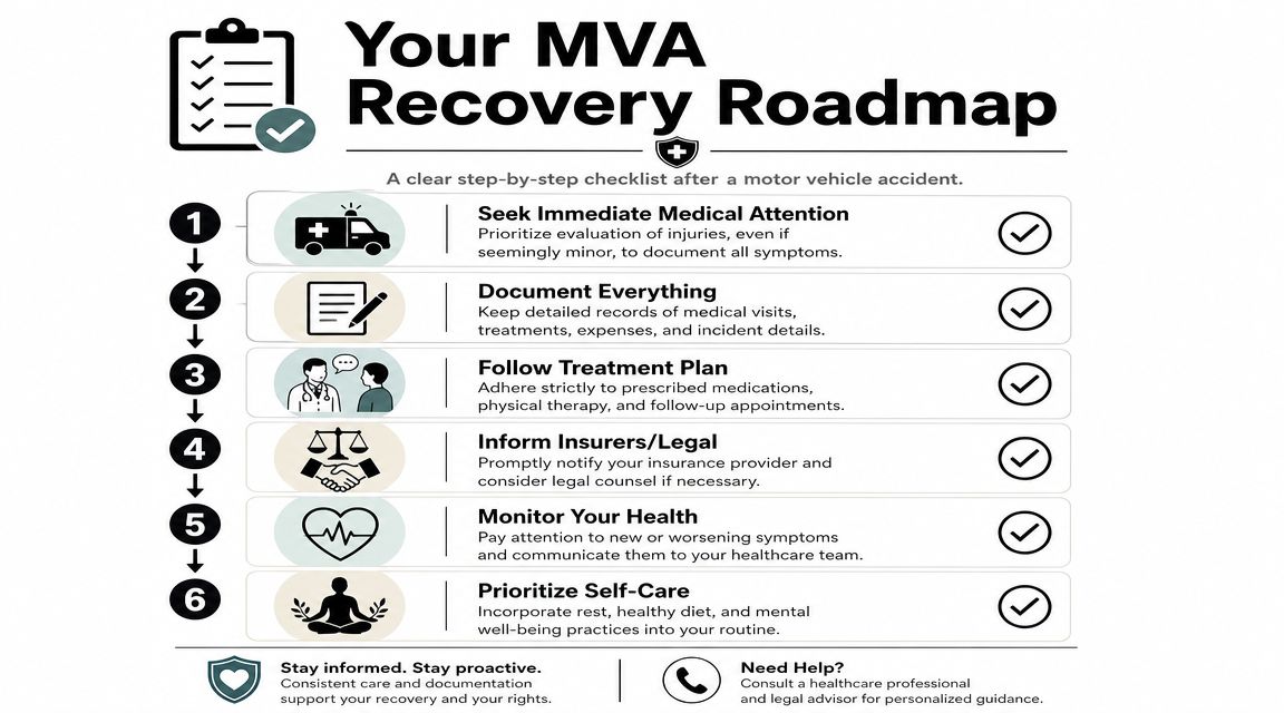A six-step checklist infographic titled Your MVA Recovery Roadmap detailing recovery actions after a motor vehicle accident.