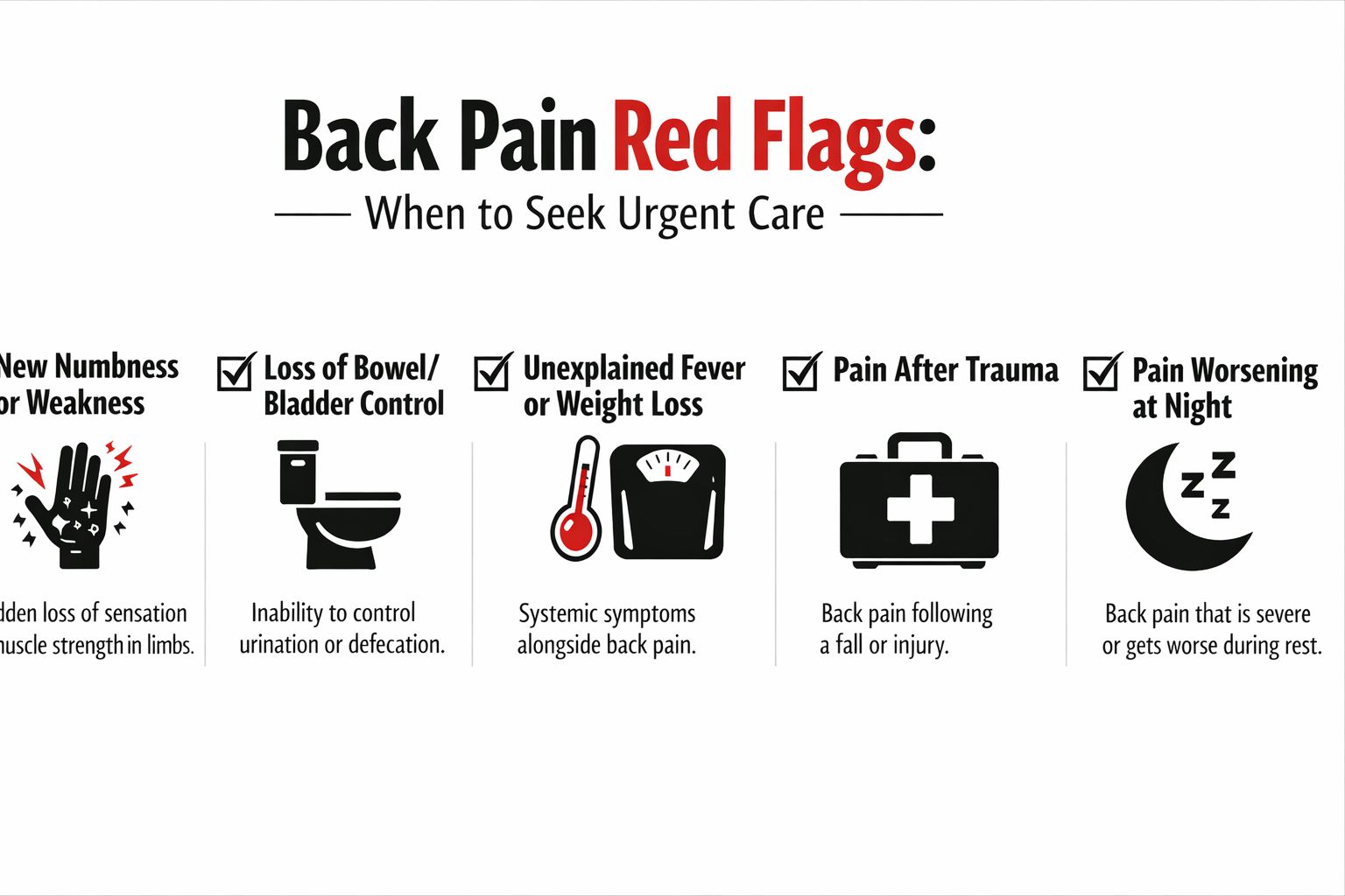 An infographic listing five urgent back pain red flags that require immediate medical attention.