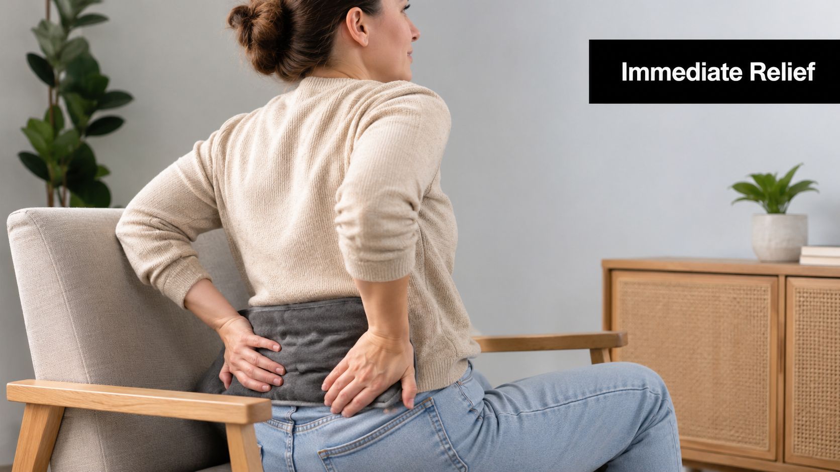 A woman sits in a chair, applying a gray heating pad to her lower back for relief.