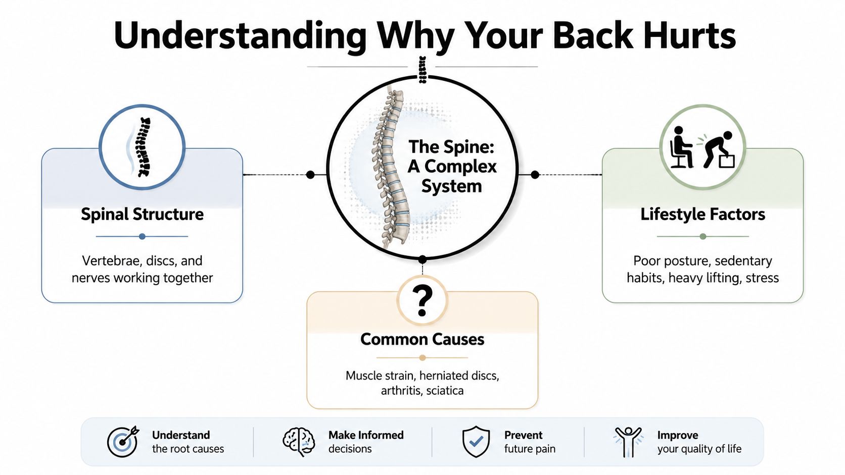 An infographic titled Understanding Why Your Back Hurts, illustrating spinal structure, lifestyle factors, and common back pain causes.