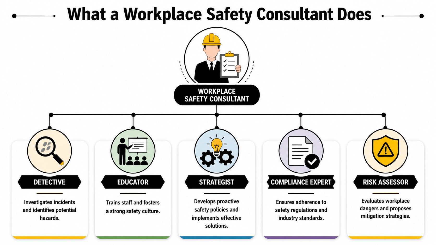 An infographic titled What a Workplace Safety Consultant Does illustrating their core professional roles and responsibilities.