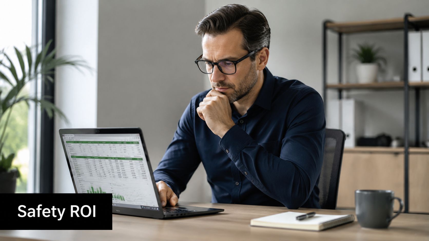 A professional man with glasses sitting at a desk and analyzing data on a laptop computer.