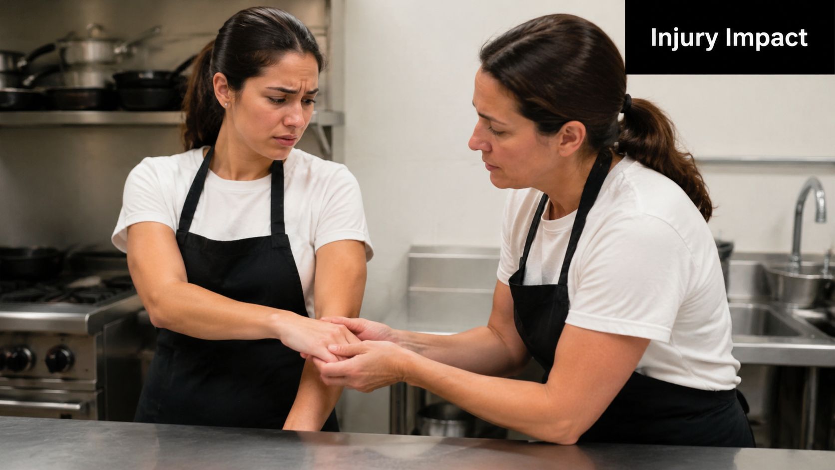A concerned coworker checking a woman's injured hand in a professional commercial kitchen setting.
