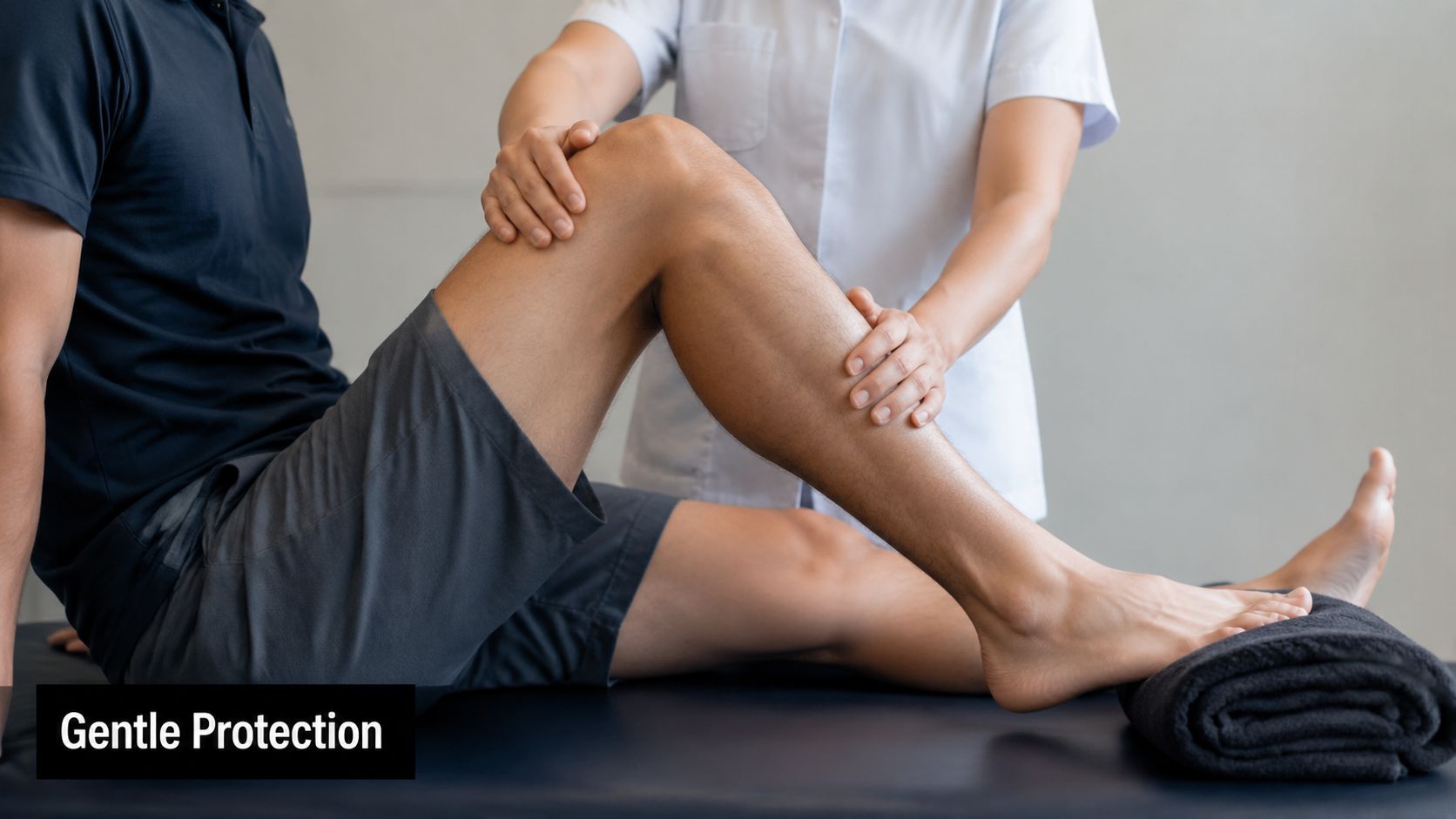 A professional therapist gently examining and supporting a patient's leg during physical therapy rehabilitation exercises.