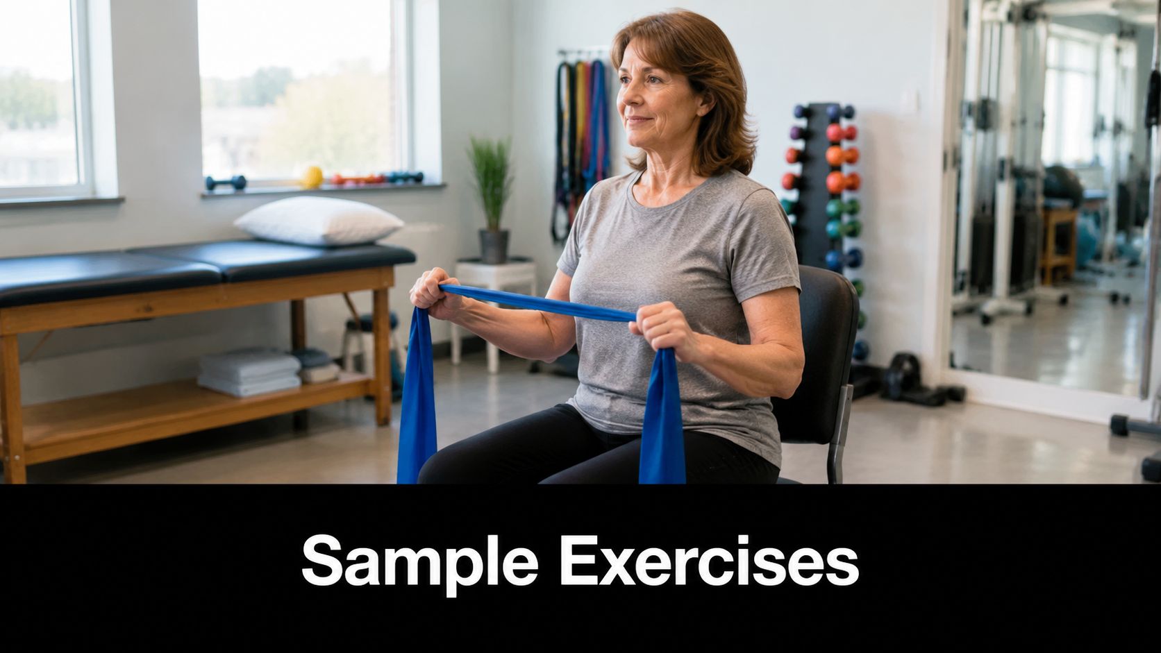 A woman performing a shoulder exercise while seated in a physical therapy clinic using a resistance band.