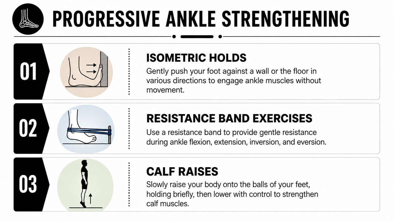 A visual guide showing three progressive ankle strengthening exercises using a wall, resistance band, and calf raises.