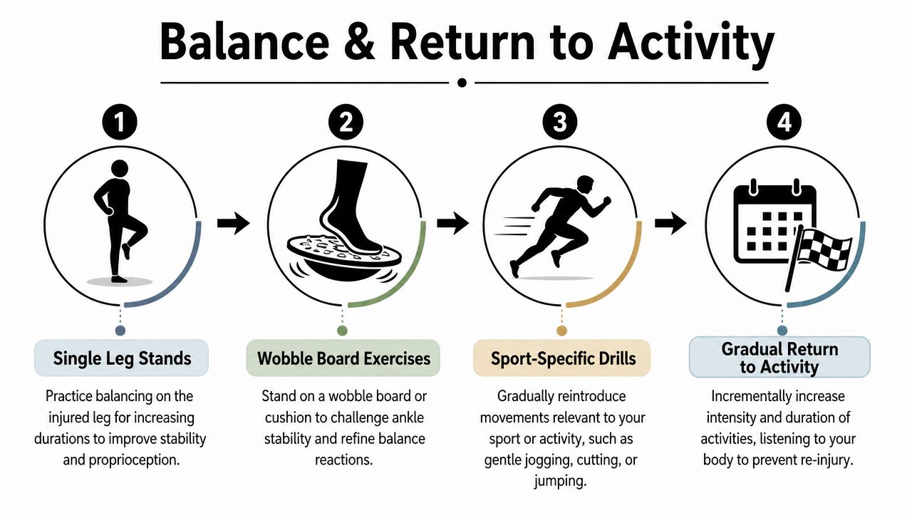 A four-step infographic illustrating a progressive physical therapy recovery plan for ankle sprain rehabilitation exercises.