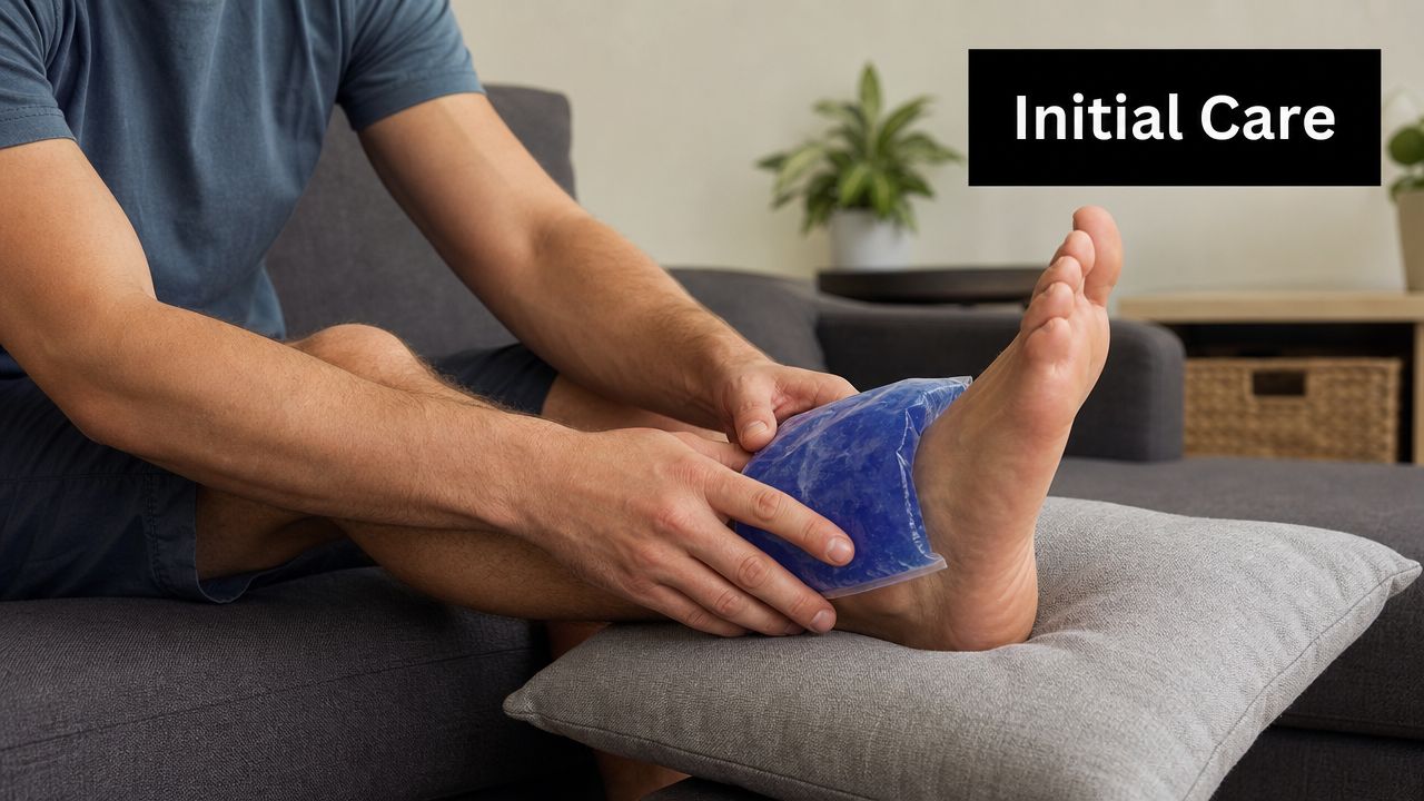 A person sitting on a couch applying a cold blue ice pack to their swollen ankle.