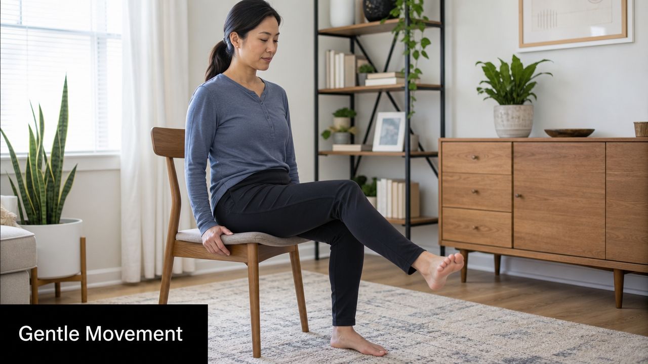 A woman performing a seated leg extension exercise on a wooden chair for physical therapy and recovery.