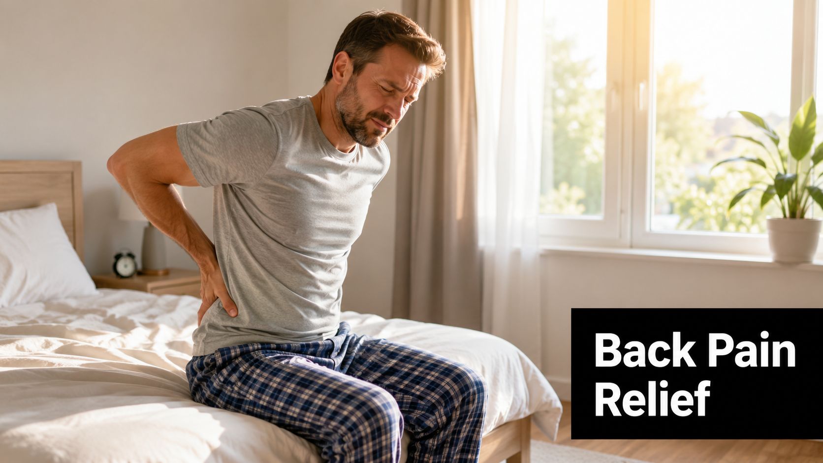 A man sitting on the edge of a bed holding his lower back in pain.