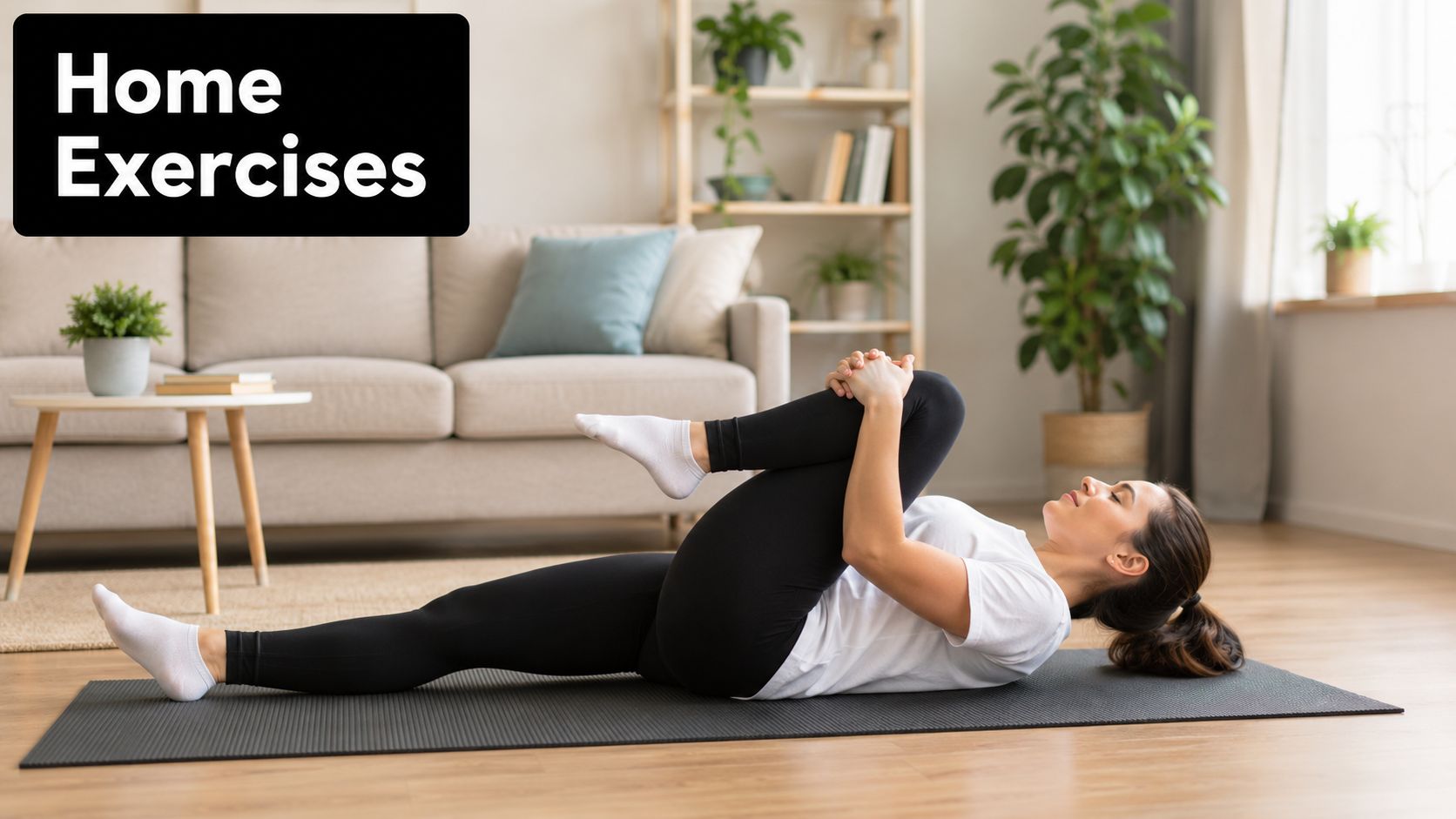 A woman lying on a yoga mat in a living room performing a knee to chest stretch.