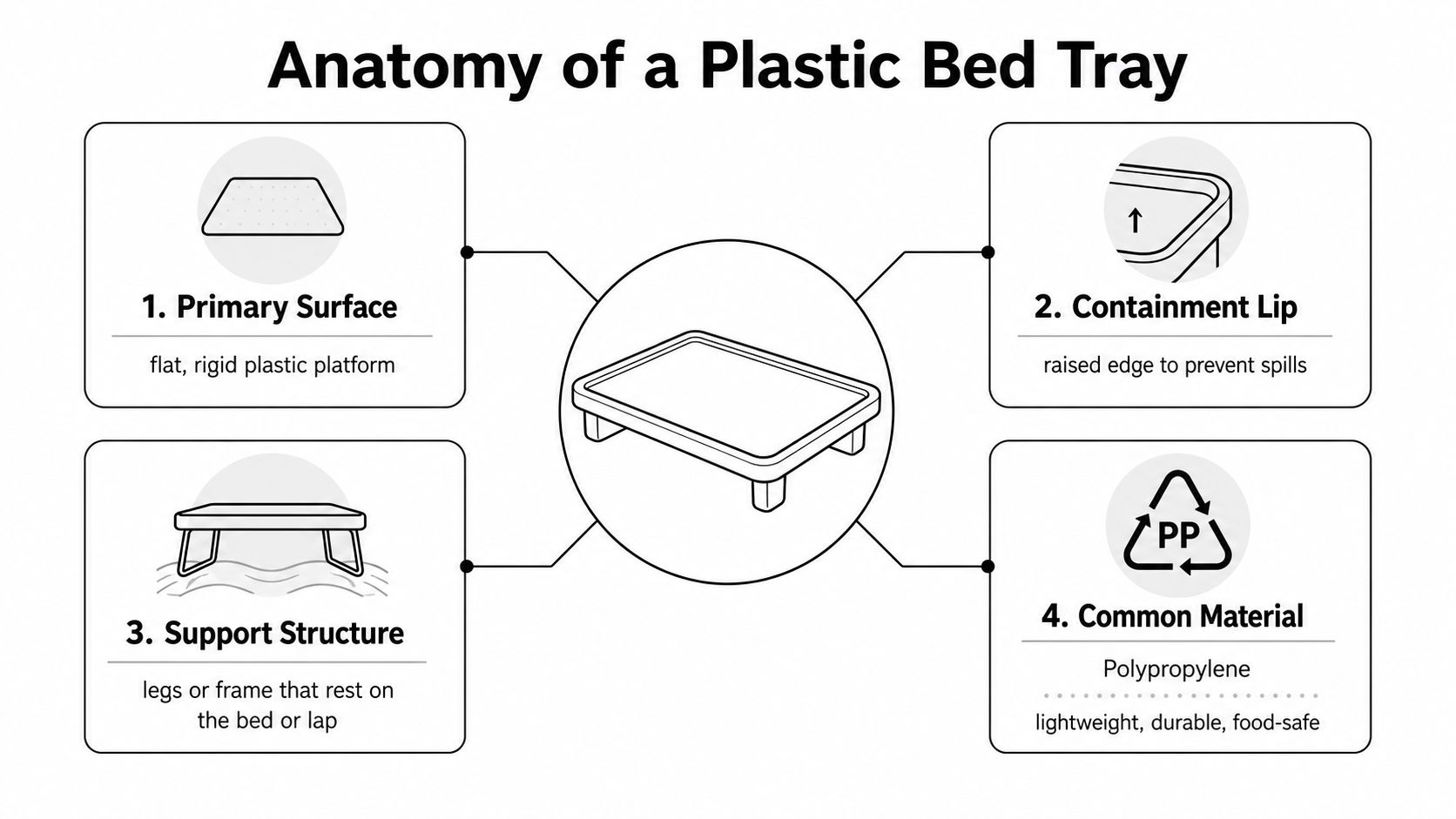 A diagram labeled Anatomy of a Plastic Bed Tray detailing the surface, lip, support structure, and polypropylene material.