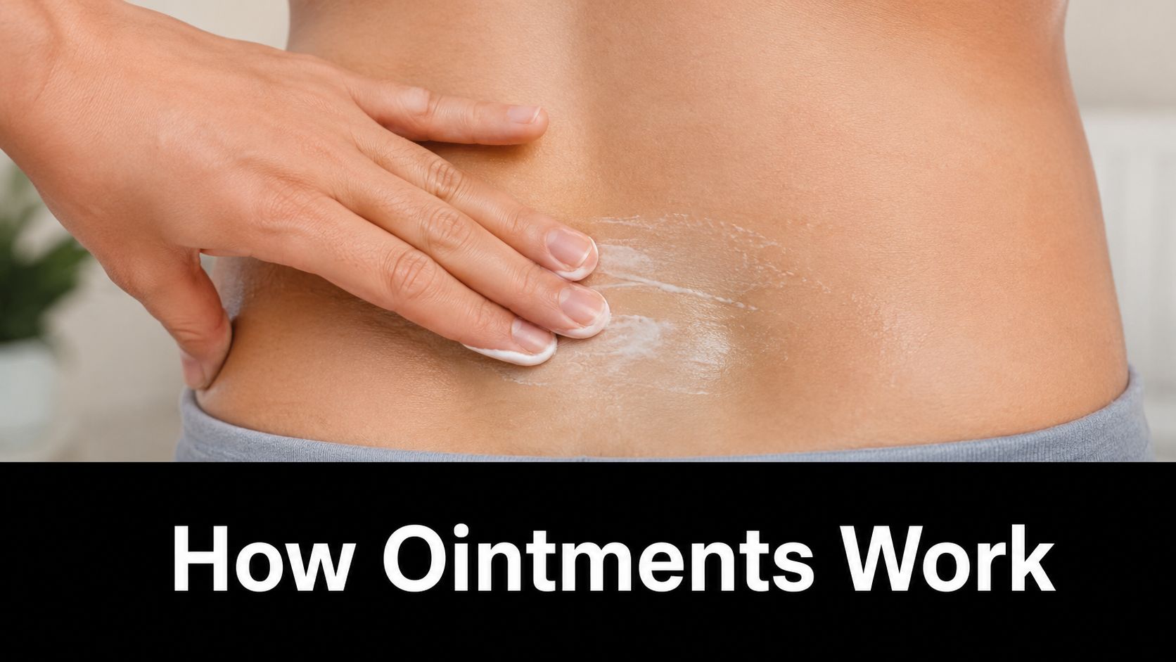 A person applying a soothing medicinal ointment onto their lower back to help relieve muscle pain.