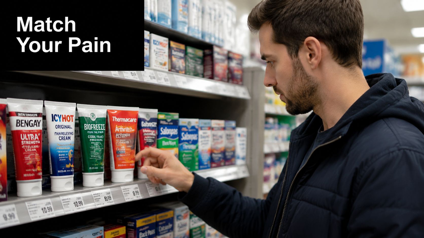 A man in a store aisle selecting a tube of pain relief ointment from the shelf.