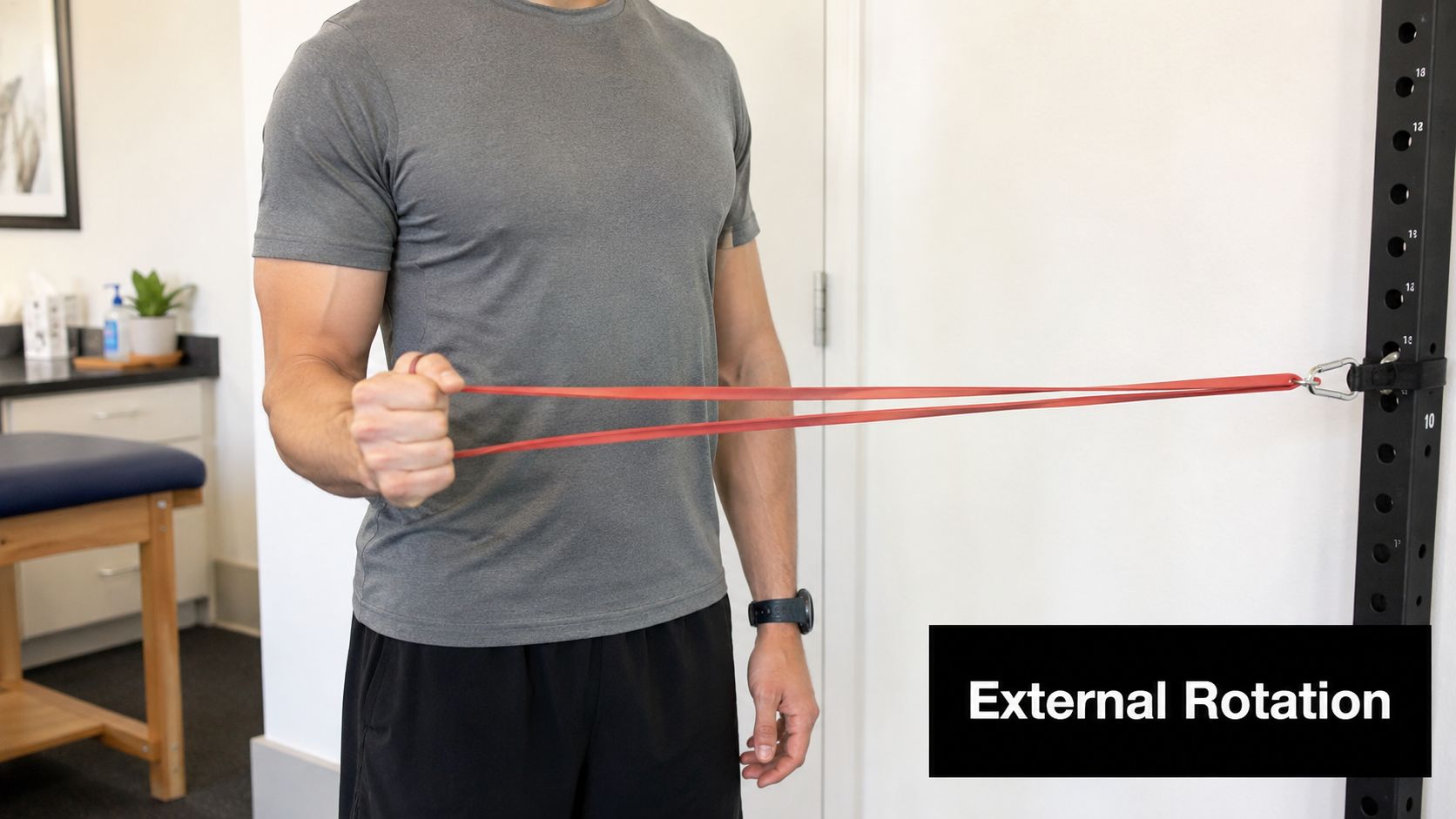A man performing a shoulder external rotation exercise using a red resistance band attached to a rack.