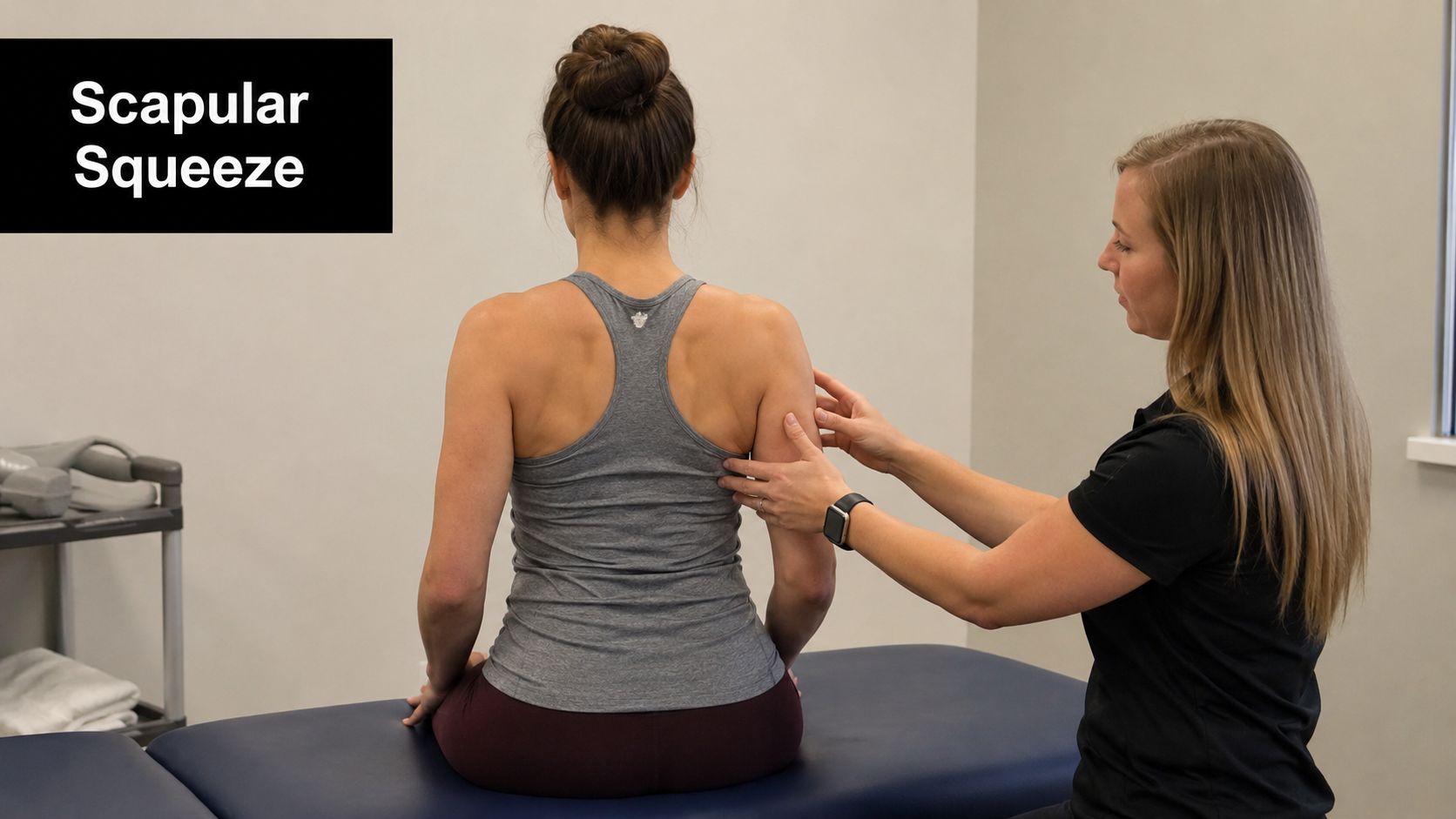 A physical therapist guiding a patient through a scapular squeeze exercise while seated on an exam table.