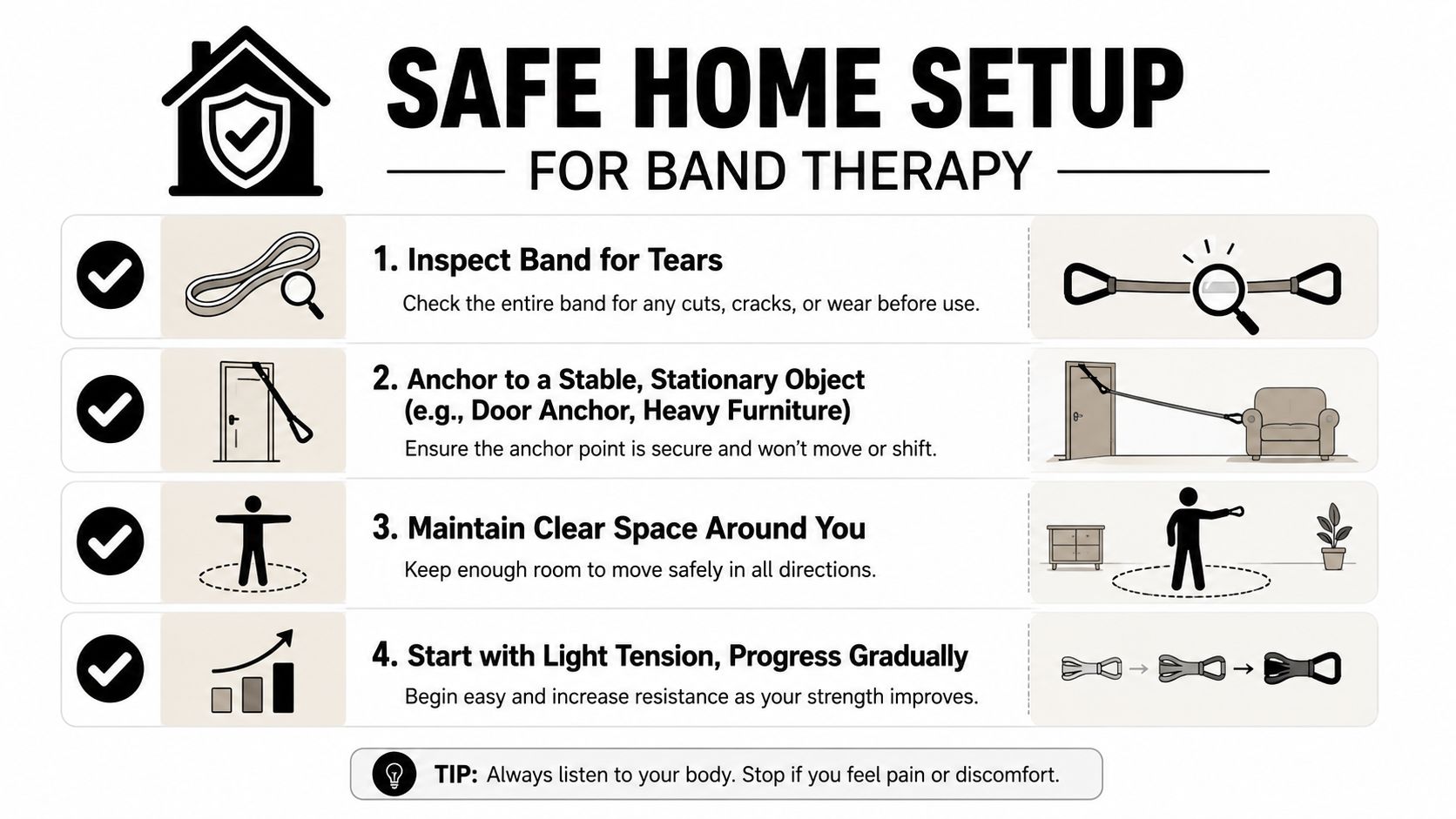 An infographic titled Safe Home Setup for Band Therapy listing four essential safety steps for using resistance bands.