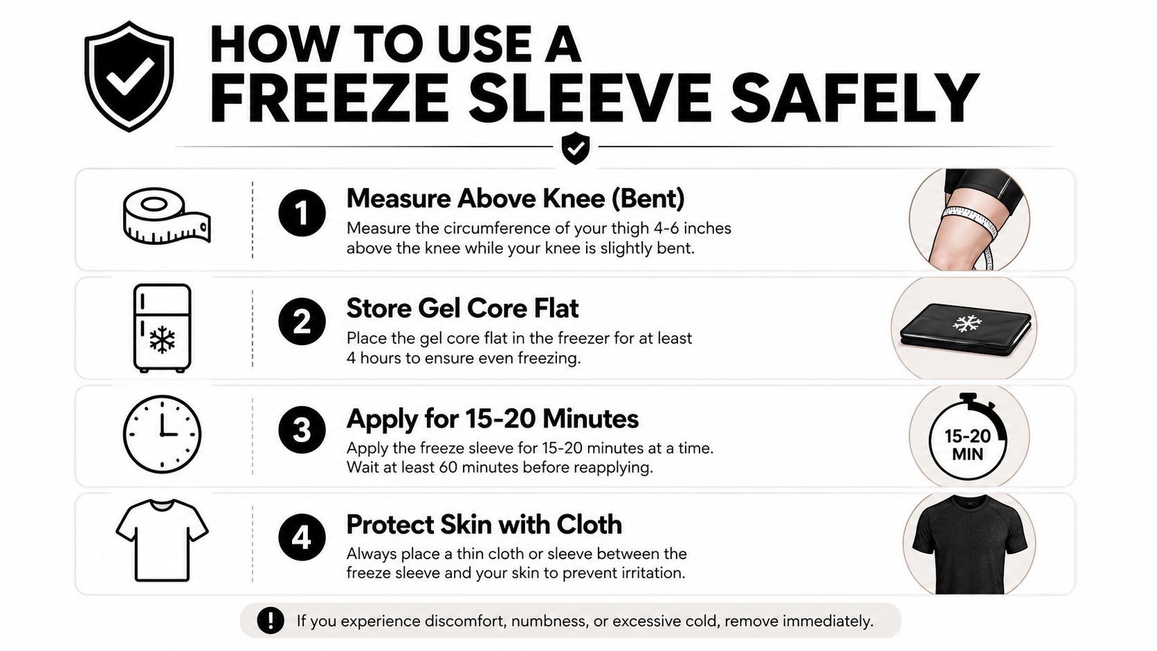 An infographic titled How to Use a Freeze Sleeve Safely showing four steps for knee therapy.