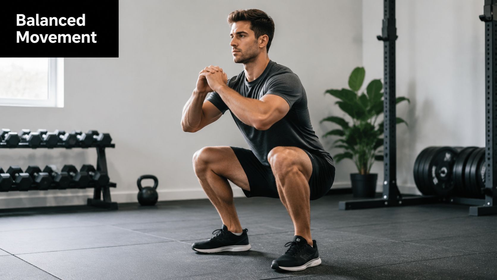 A fit man in gym attire performing a deep squat exercise in a modern fitness studio.
