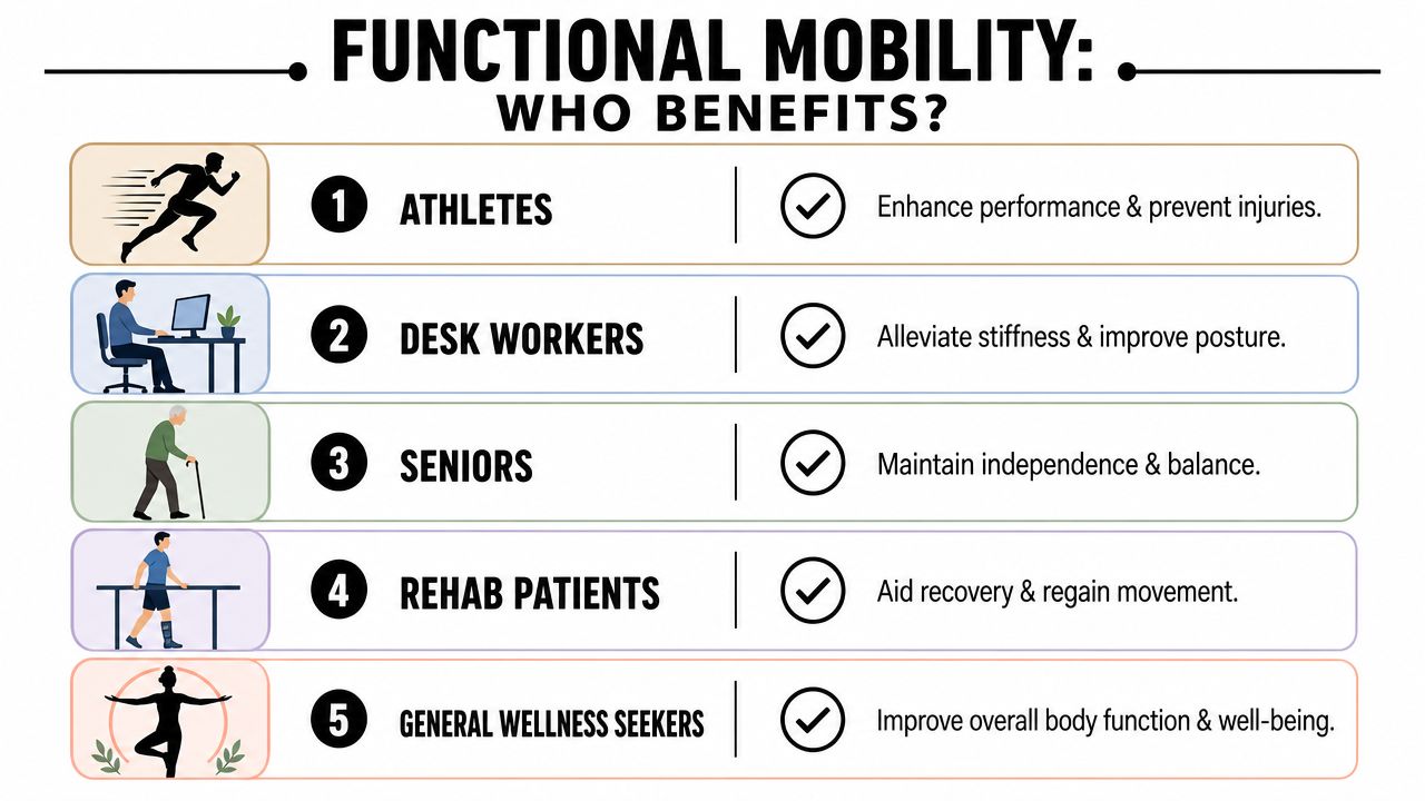An infographic listing five groups of people who benefit from functional mobility training, including athletes and seniors.