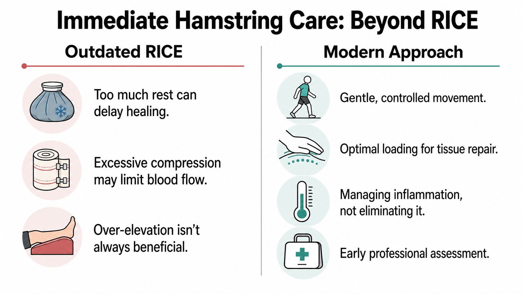 An infographic comparing outdated RICE treatment methods for hamstring injuries with modern, evidence-based recovery approaches.