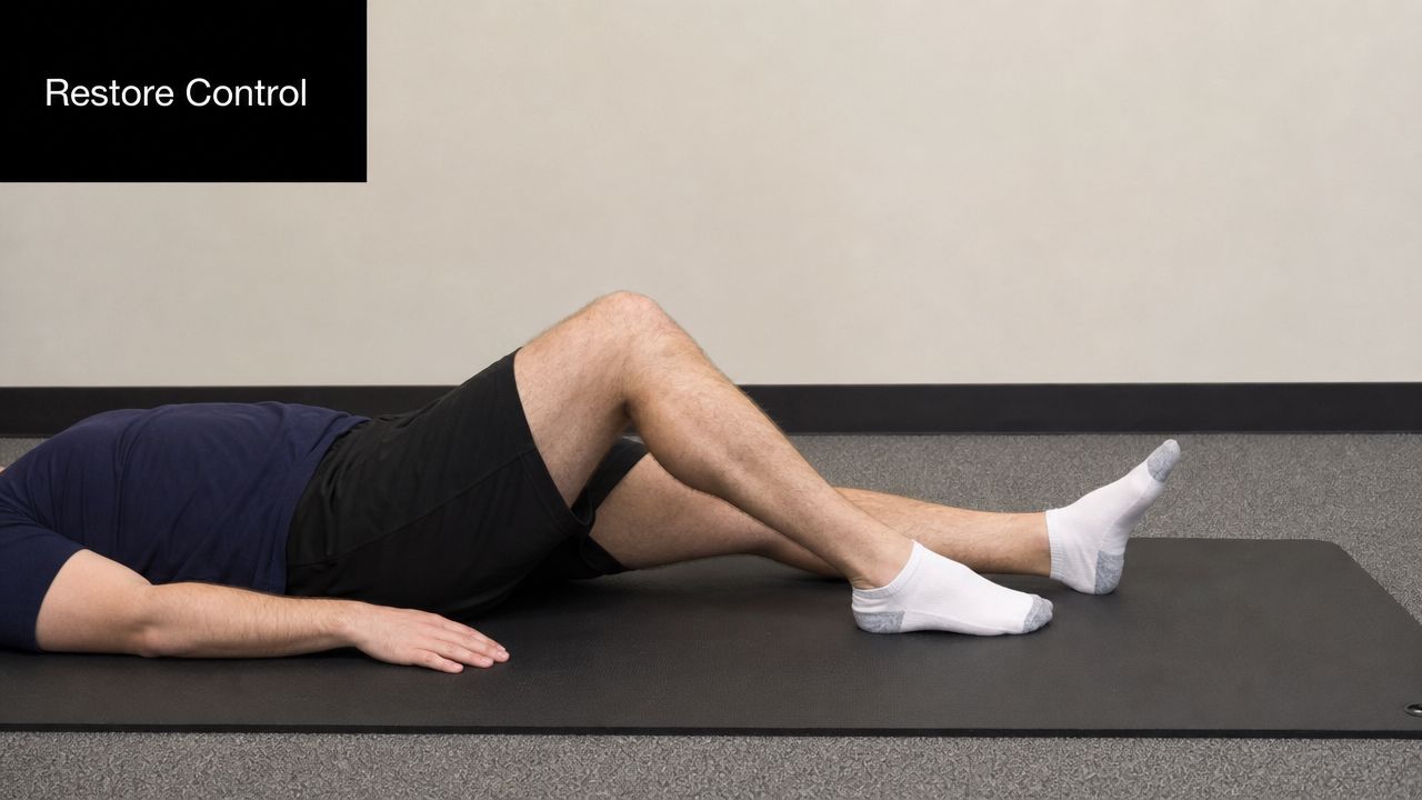 A person lying on their back on a gym mat performing a leg exercise for rehabilitation.
