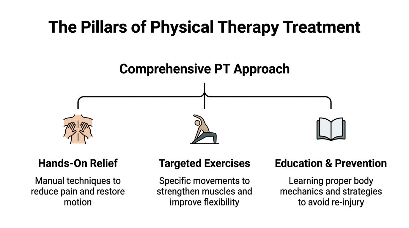 A diagram outlining the three pillars of physical therapy treatment including hands-on relief, exercises, and patient education.