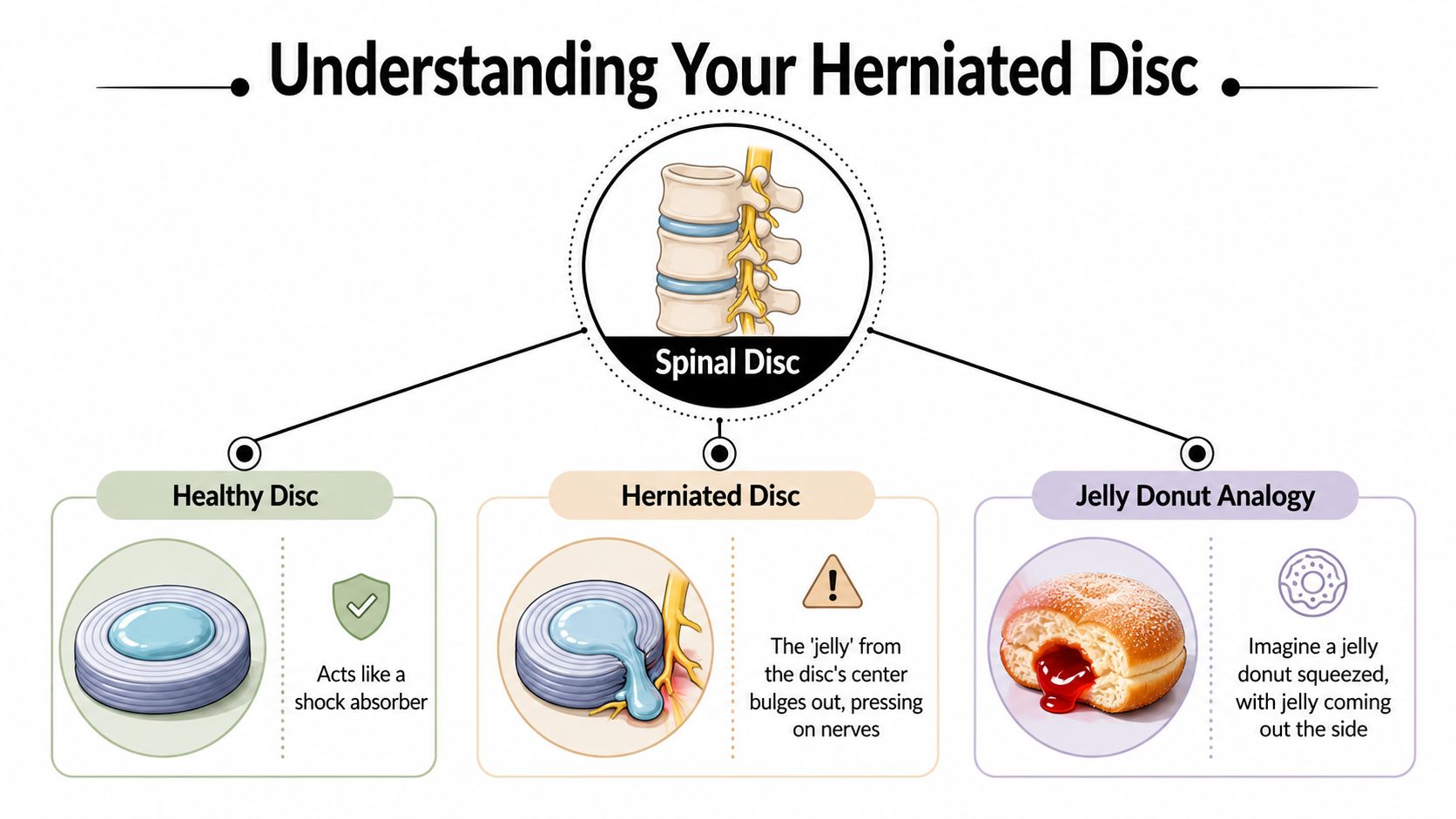 An infographic explaining herniated discs using a jelly donut analogy to show how discs press on nerves.