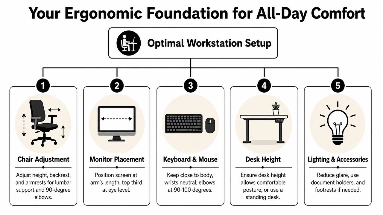 An infographic illustrating five key elements for creating an ergonomic workstation for all-day comfort.