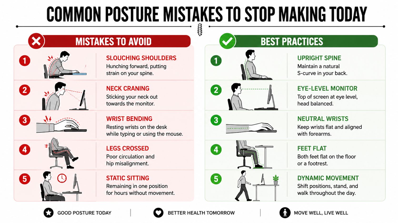 A visual guide comparing five common desk posture mistakes with five corrective best practices for office workers.