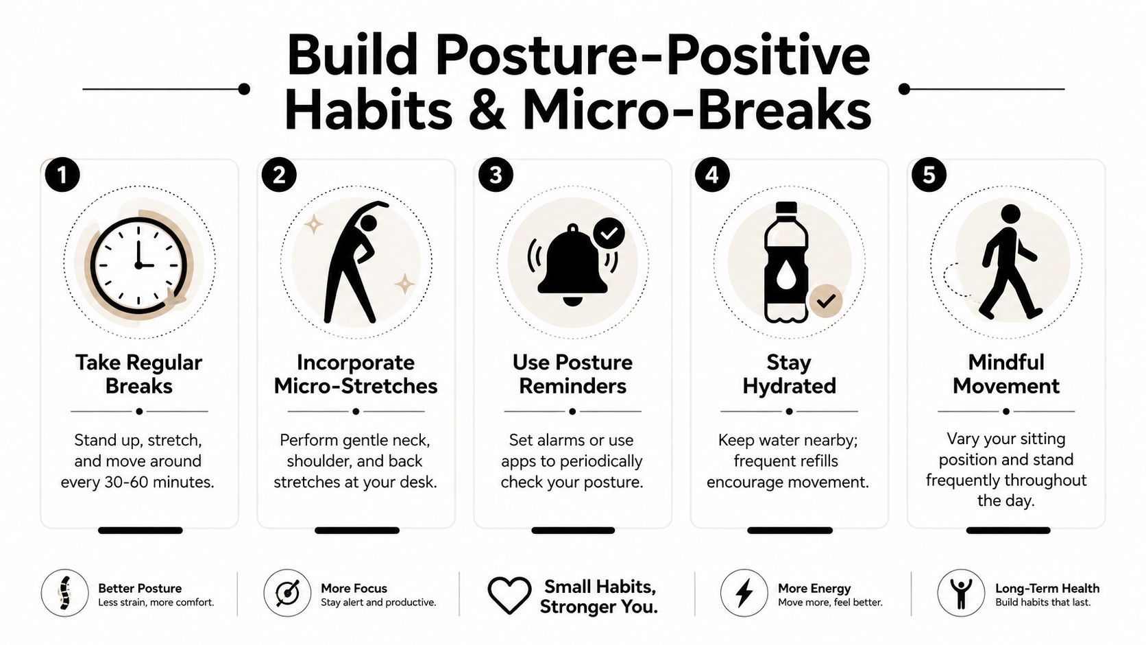 An infographic titled Build Posture-Positive Habits and Micro-Breaks, listing five daily tips for better physical health.