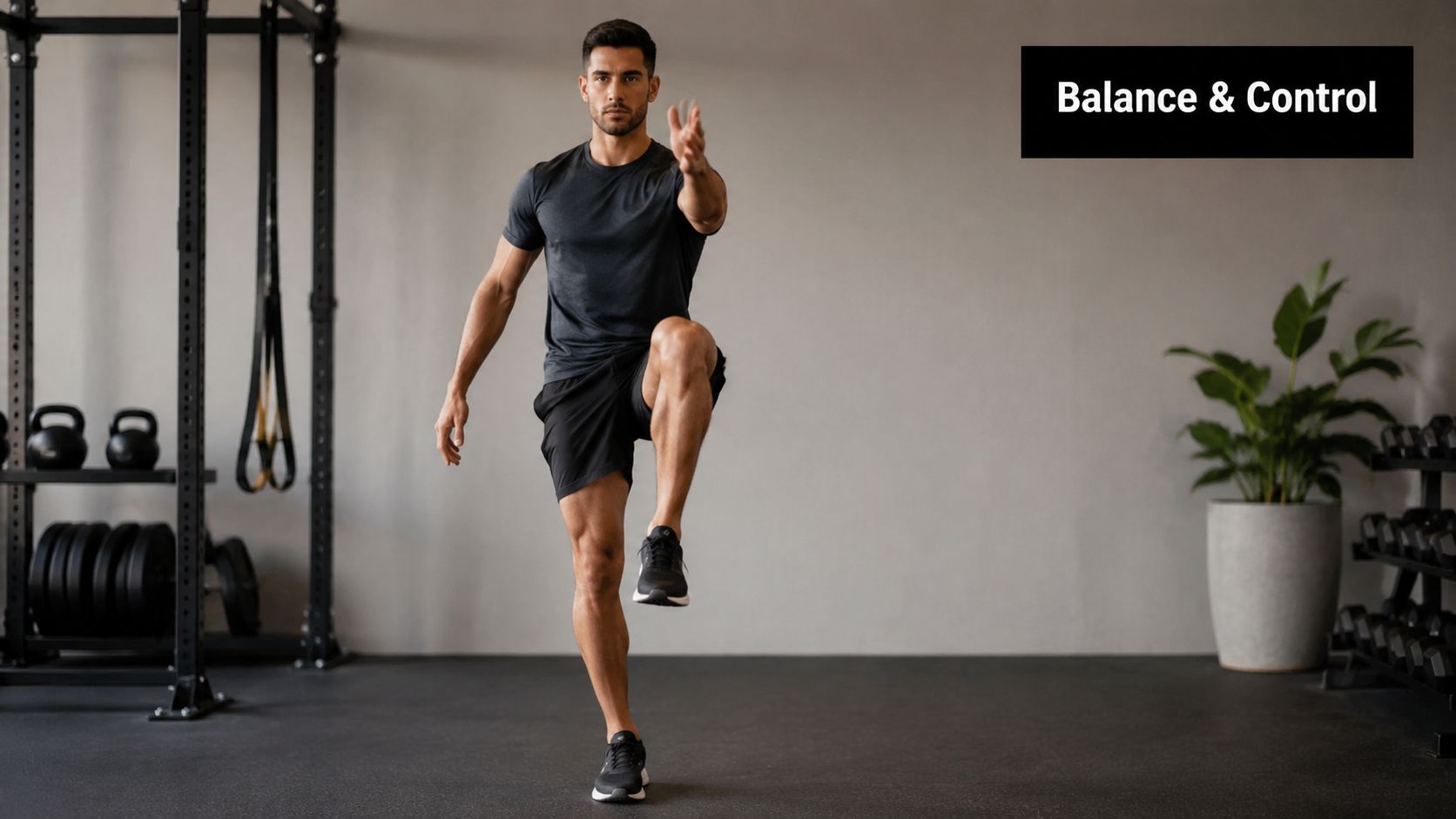 A fit man performing a single leg balance exercise for stability in a gym setting.